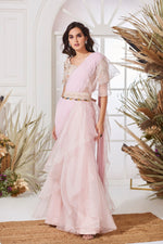 Light Pink Draped Saree Set With Belt