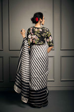 Black & White Organza Striped Saree Set
