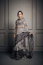 Anagh ~ Black & White Organza Striped Saree Set