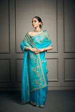 Turquoise Blue Ombre Embroidered Saree Set