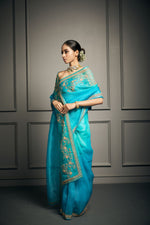 Turquoise Blue Ombre Embroidered Saree Set