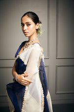 Blue & White Embroidered Saree Set